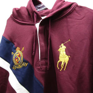 NEW RALPH LAUREN Mens Big Pony Fleece Rugby Hoodie Size 3XLT Maroon/ Navy